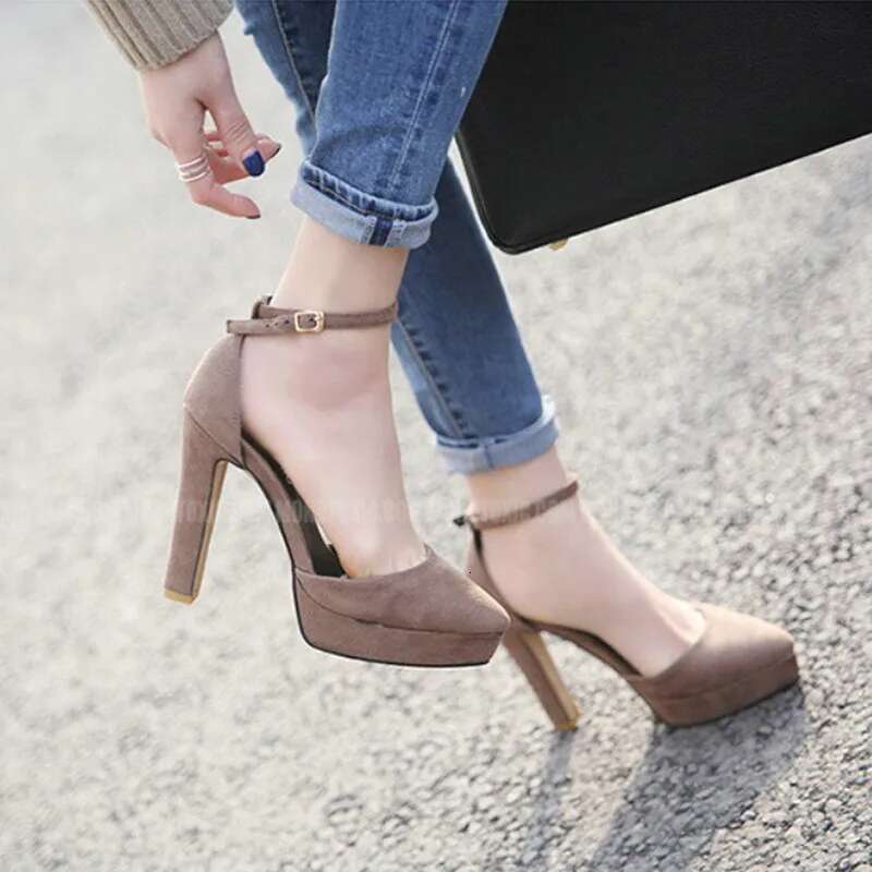 Thick Heel One Word Buckle Strap Pumps Waterproof Table Pointed Single Shoe Female Black Work Shoes Fashion Princess Sandals