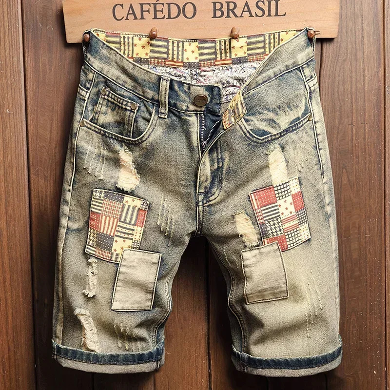 Summer Mens Ripped Denim Shorts Fashion Patchwork Hole Short Jeans Korean Loose Straight Kneelength Pants Male 250313