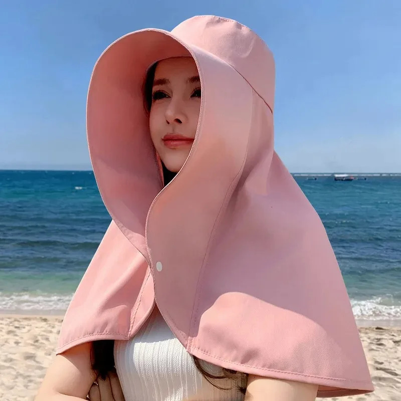 Summer Womens Hat Outdoor UV Neck Sunscreen Sunshade Fishing Hiking Big Brim Shawl tail Solid Color 250326
