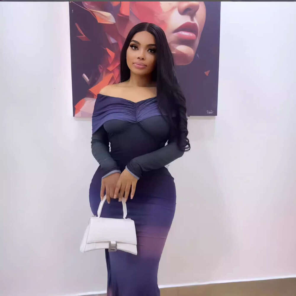 2025 Autumn New Long Sleeve Ruched Off-Shoulder Gradient Slim Dress for Women