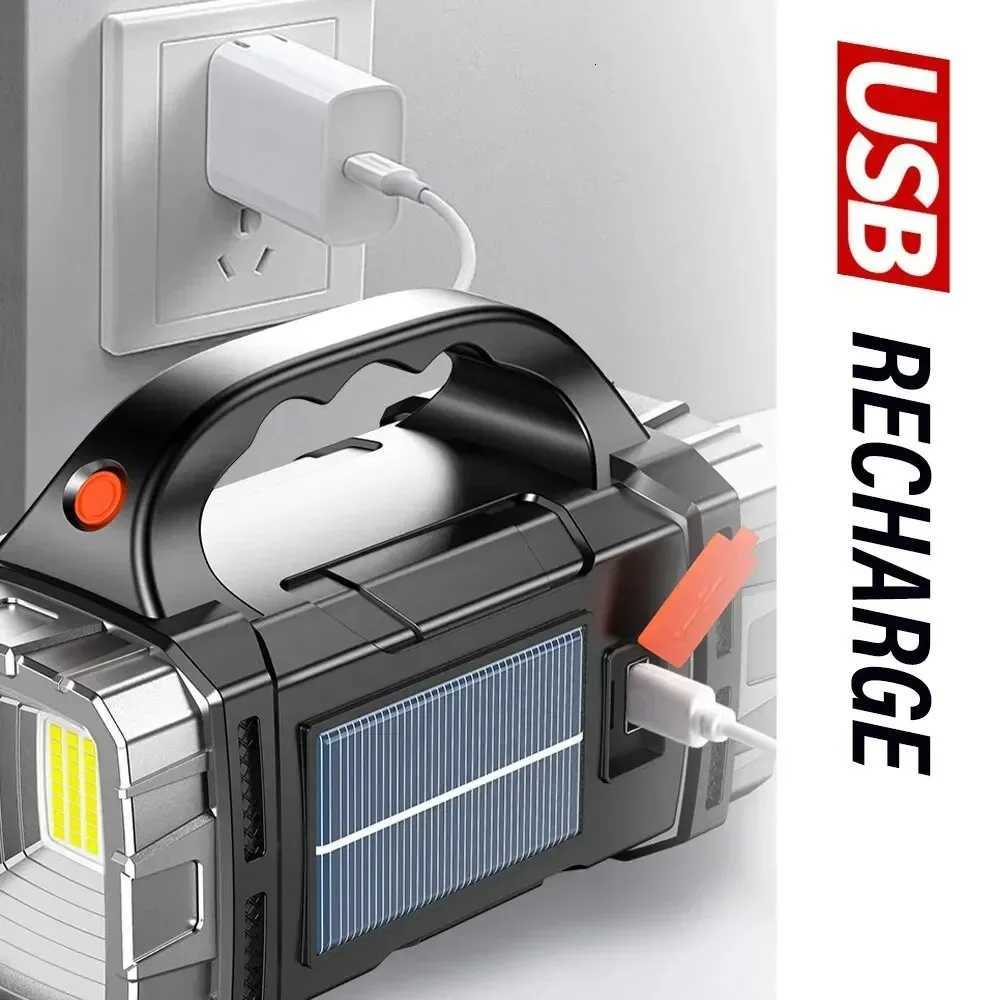 2024 Powerful LED Flashlight USBSolar Rechargeable Flashlight COB Outdoor Camping Torch Portable Searchlight Power Bank OutdoorW251106