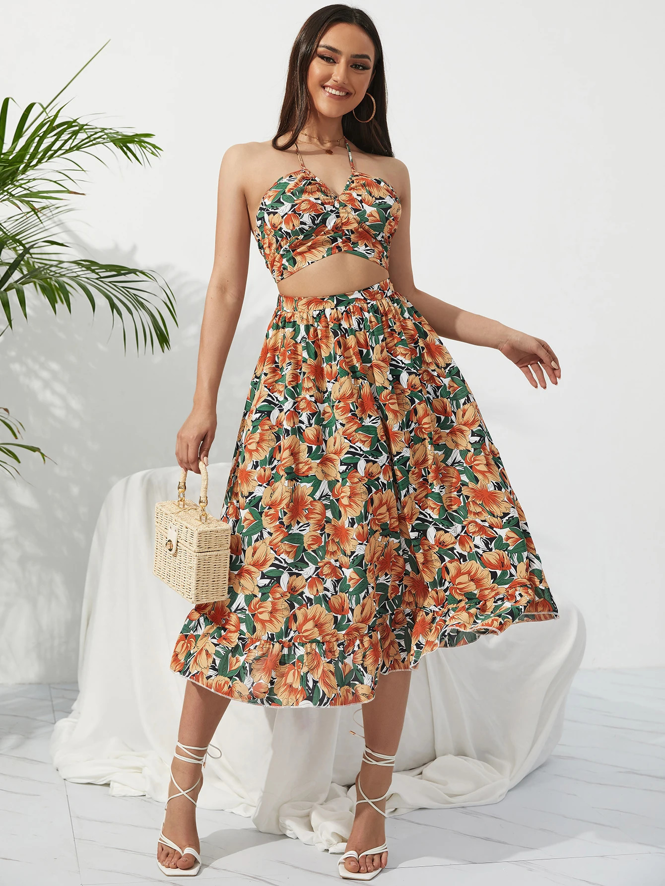 Summer Bohemian Bikini Set ALine Skiing Chic Womens Elastic Waist Two piece Ski Belt Beach Holiday Flower Print Midi 250313