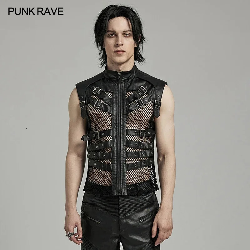 PUNK RAVE Mens Punk Personalized Mesh Handsome Hollow Tank Top Daily Unlimited Sexy Cool Black Top Mens Summer Clothing 250403
