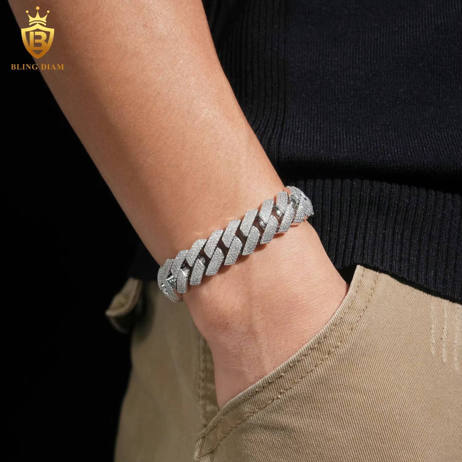 Hot Sale Fashion 15mm Moissanite Cuban Chain Bracelet Men Pass Diamond Tester VVS Moissanite HipHop Cuban Chain 925 Silver GRA