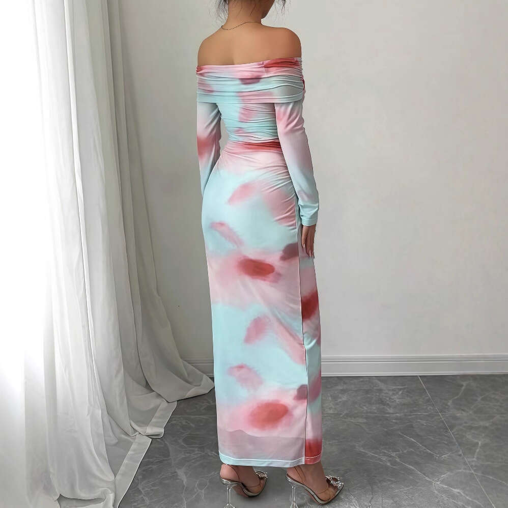 2025 Early Autumn New Sleeve Printed Off-Shoulder Slim Fit Elegant Long Dress for Women