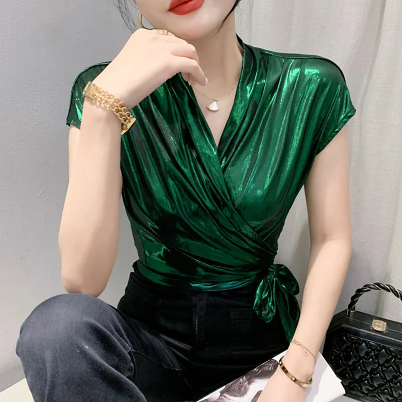 Streetwear gold silver green shiny short sleeved shirts womens sexy irregularly packaged bandages summer tops 250407