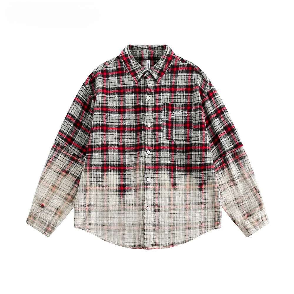 Gradient Dyed Plaid Long Sleeve Mens Pocket Embroidery High Street Lapel Single Breasted Shirts Men Cotton Tops