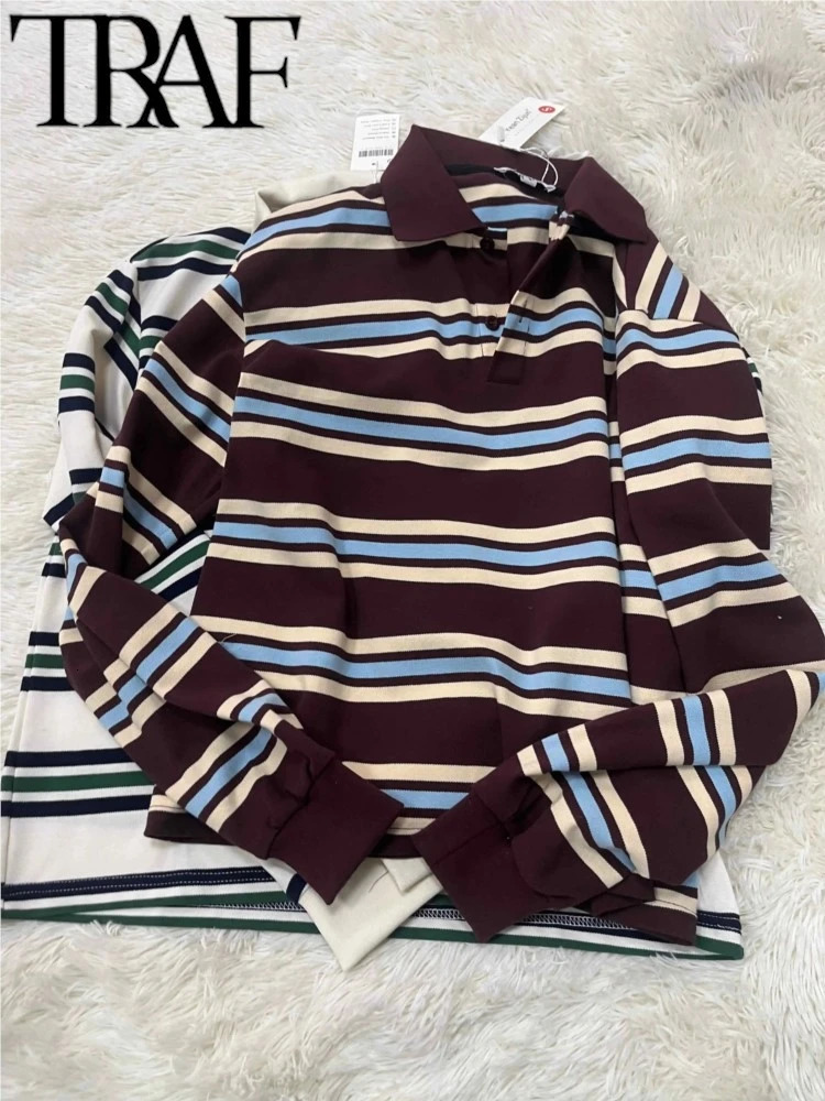 TRAF ROBE Y2K Womens Casual Tshirt Summer Short Sleeve Striped Printed Polo Neck Loose Thin Top Zipper 250407