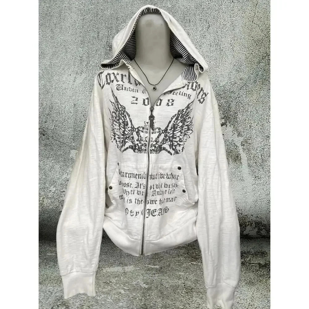 Y2k Emo womens retro streetwear letter printed hoodie punk zipper graphic oversized sportswear gothic Harajuku Alt clothing 250403