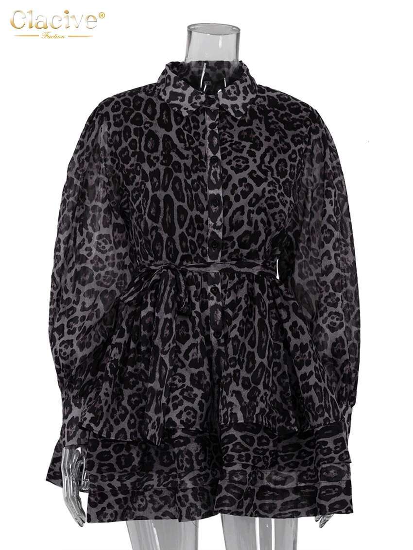 Clacive Fashion Leopard Print Women's 2024 Vintage Lapel Long Sleeve Mini Dresses Elegant High Waist Pleated Female Dress