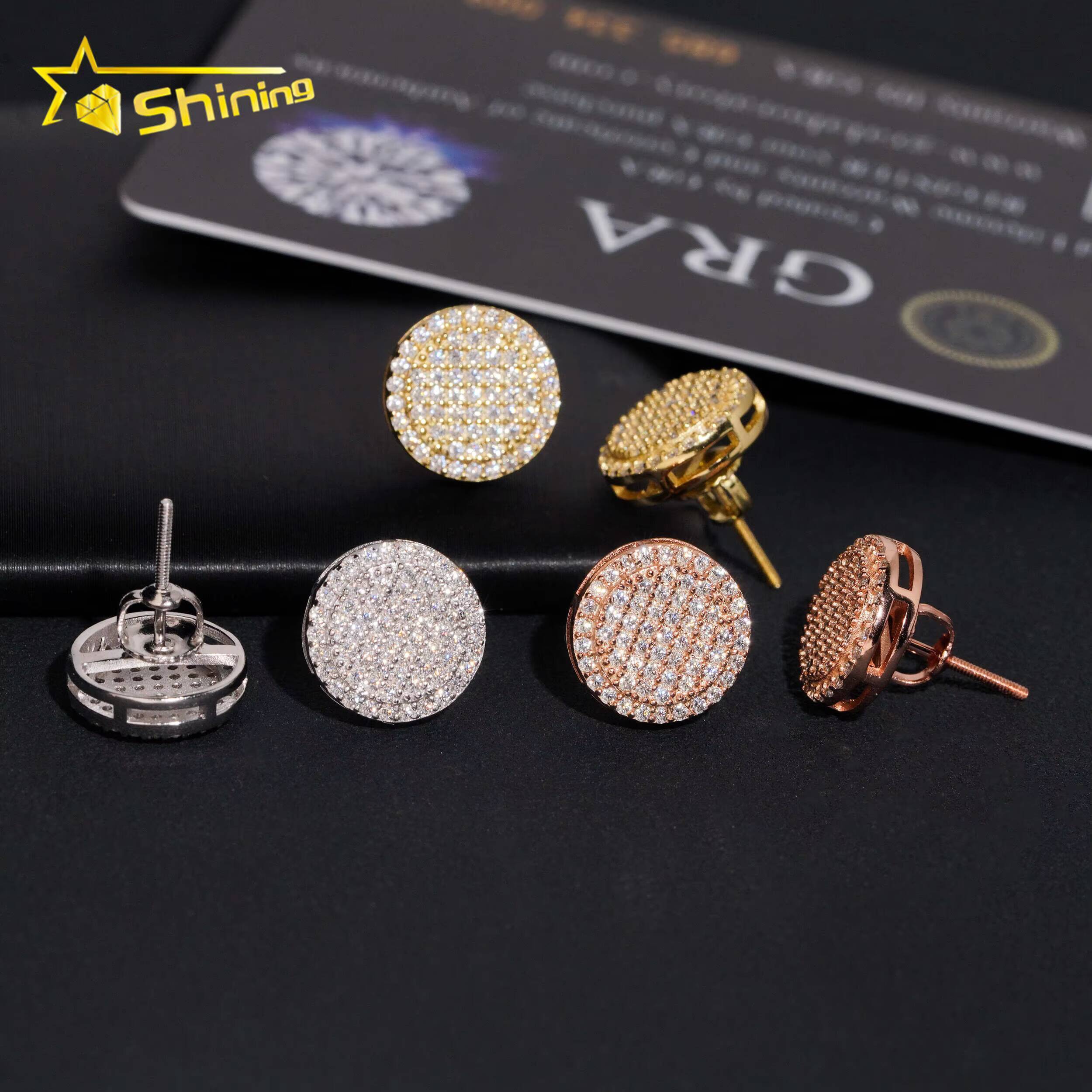Pass Diamond Test 12mm Mens Earring Gold Plated 925 Sterling Silver Iced Out VVS Diamond Moissanite Screw Back Stud Earrings