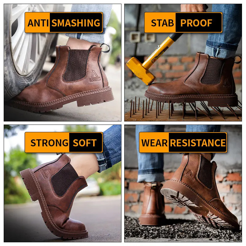 Water Proof Safety Work Shoes For Men Steel Head Leather Boots Male Footwear Indestructible Construction Work Shoes Brown 250402