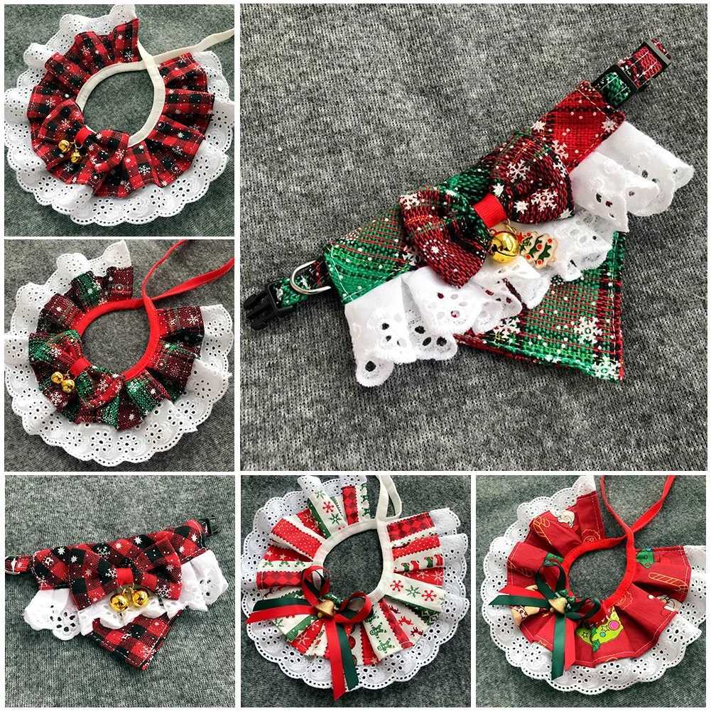 Christmas pet bow bib collar scarf plain weave bow lace Saliva towel with bell pendant suitable for dog and cat collars necklace beauty accessories M2