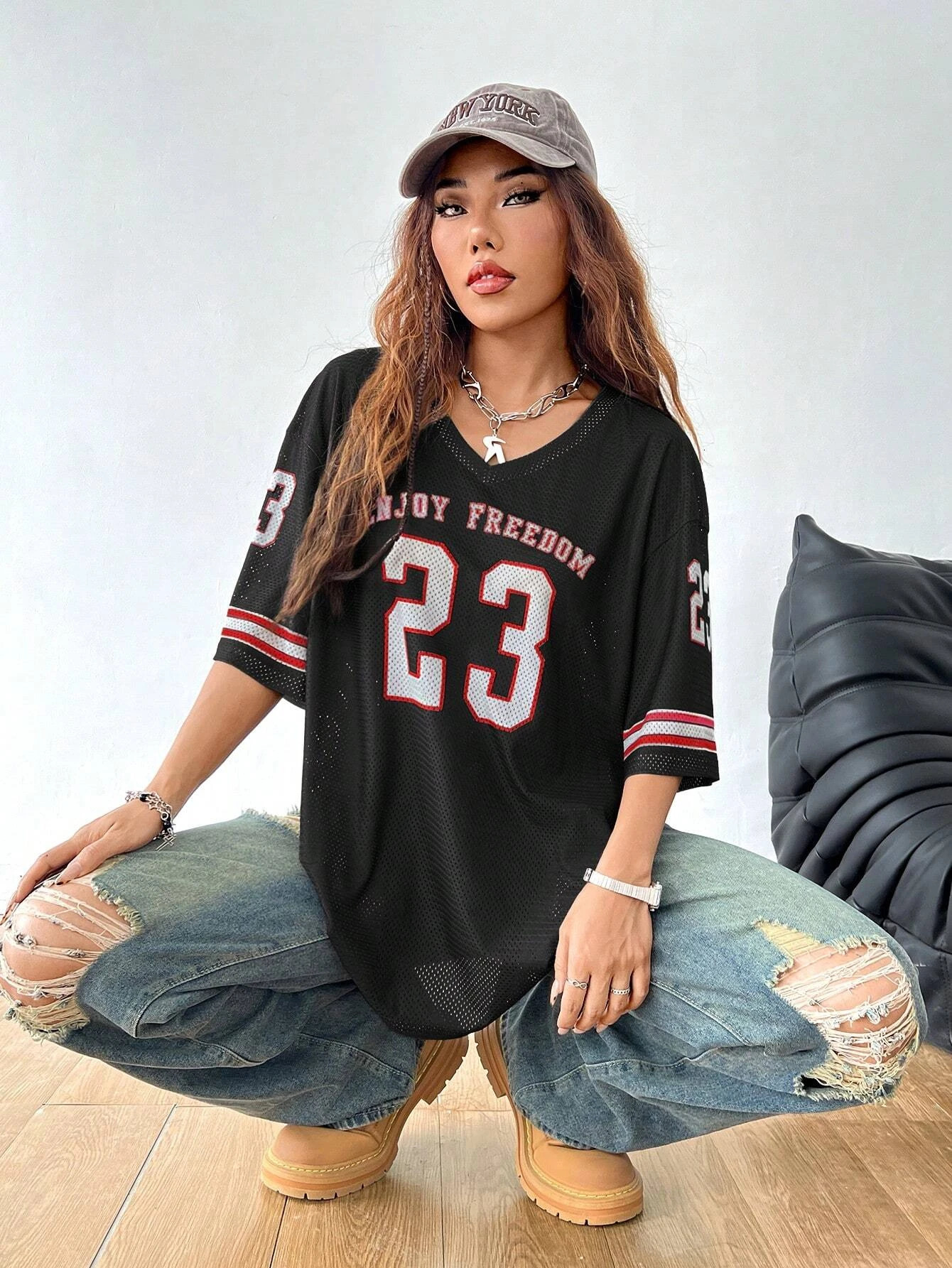 Summer womens Vneck 23 letter printed casual relaxed fashionable breathable short sleeved football shirt top 250407