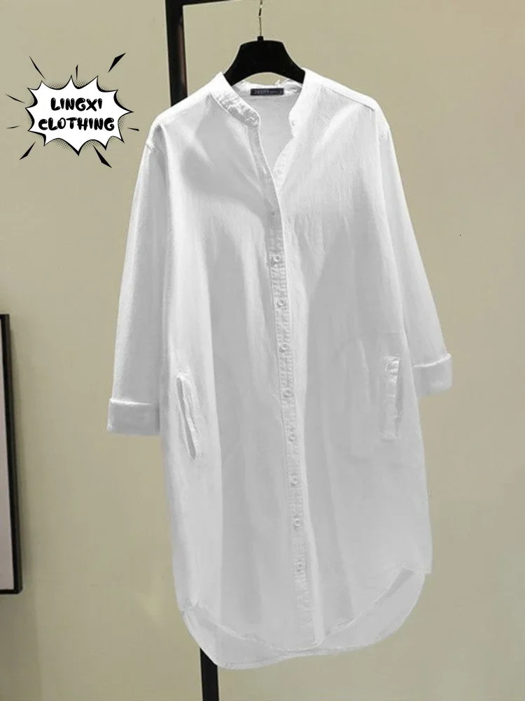 Fashion Elegant Solid Cotton Linen Womens Shirt Single Breasted Round Neck Casual Style Mid Length Shirt 250402
