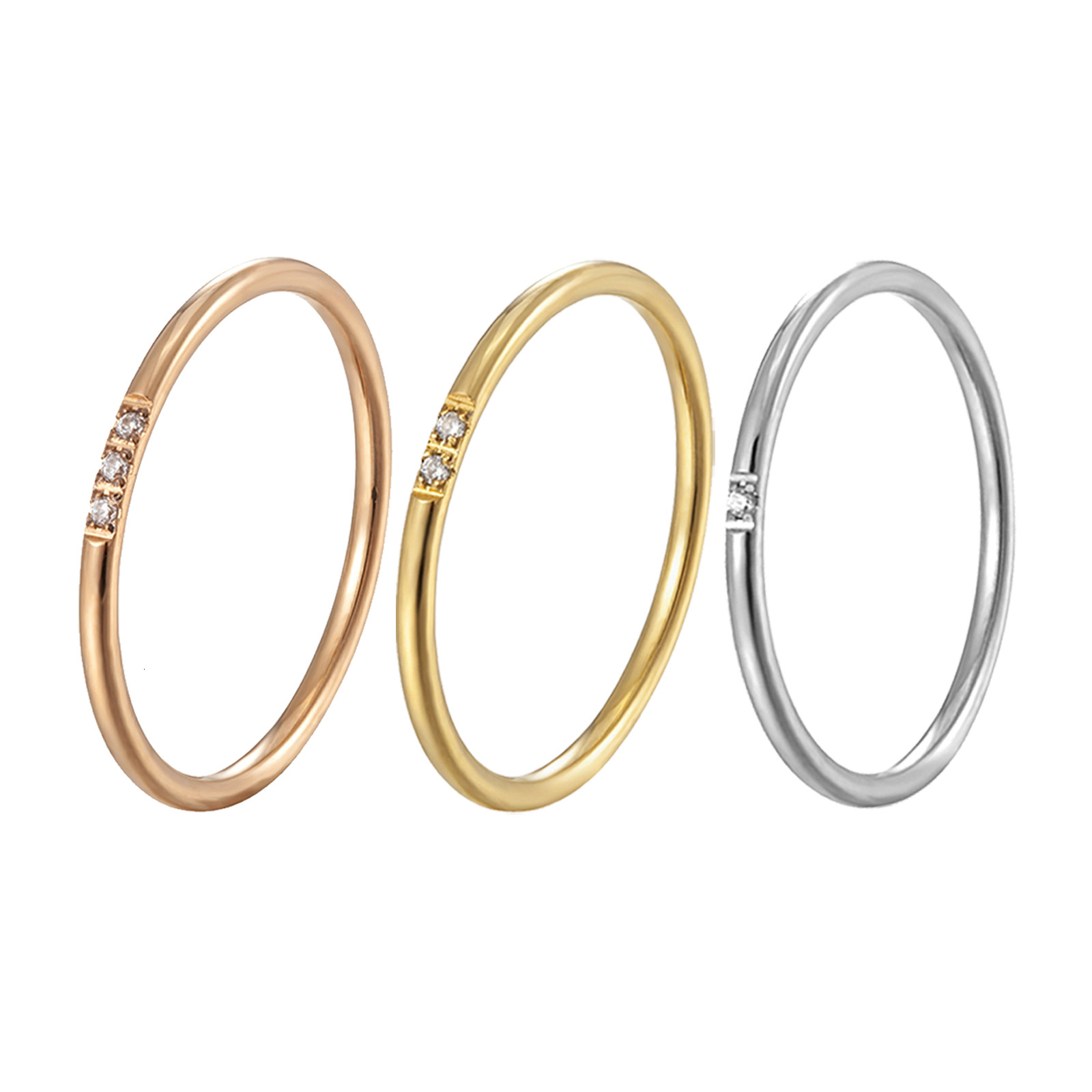Top Source New Fashionable Light Luxury Cold Wind Titanium Steel Women's Round Thread Plain Circle One Diamond Ring Finger Plated Gold