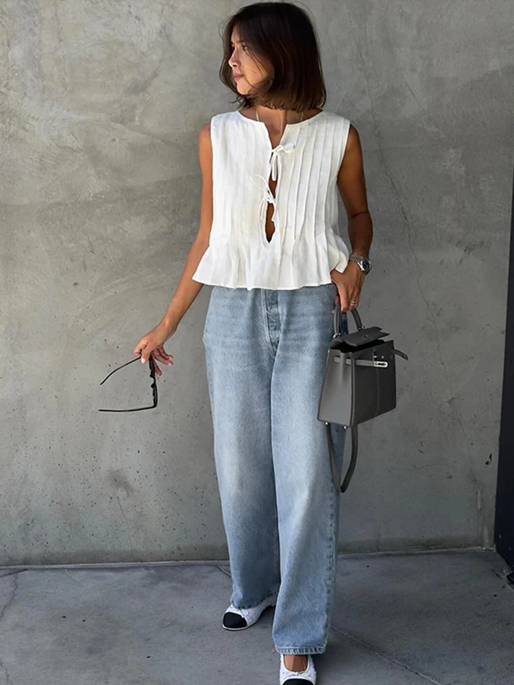 Elegant linen solid lace up vest womens O-neck sleeveless pleated vest high waisted A-line skiing fashionable womens suit 250401