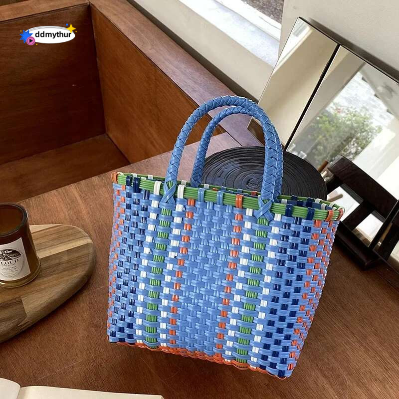 2024 New Vegetable Basket Summer Fashion PVC Handbag Hand Woven Bag Patchwork Striped Tote Beach Bags Purses and Handbags ddmythur