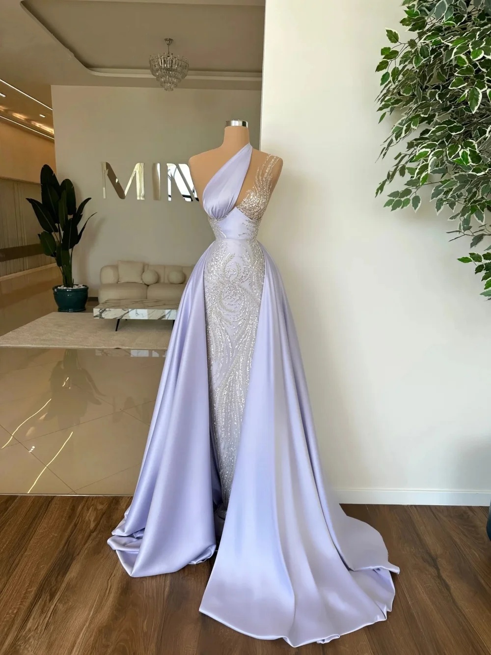 Elegant Evening Dresses Sequins Mermaid Prom Gowns with Detachable Train One Shoulder Customized Sleeveless Sweep Train Princess Formal Occasion Party