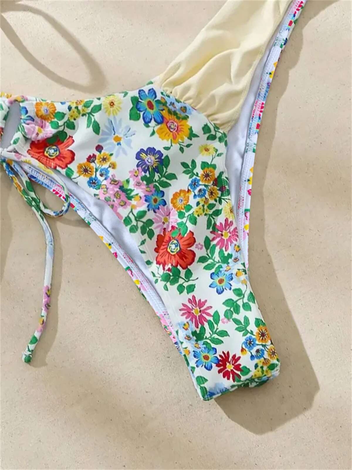 Dongdumaoyi Sexy Bandeau Bikini Green Floral Print Patchwork Bandage Cross Push Up Micro Swimsuit Beach Bathing Suit Thong Swimwear