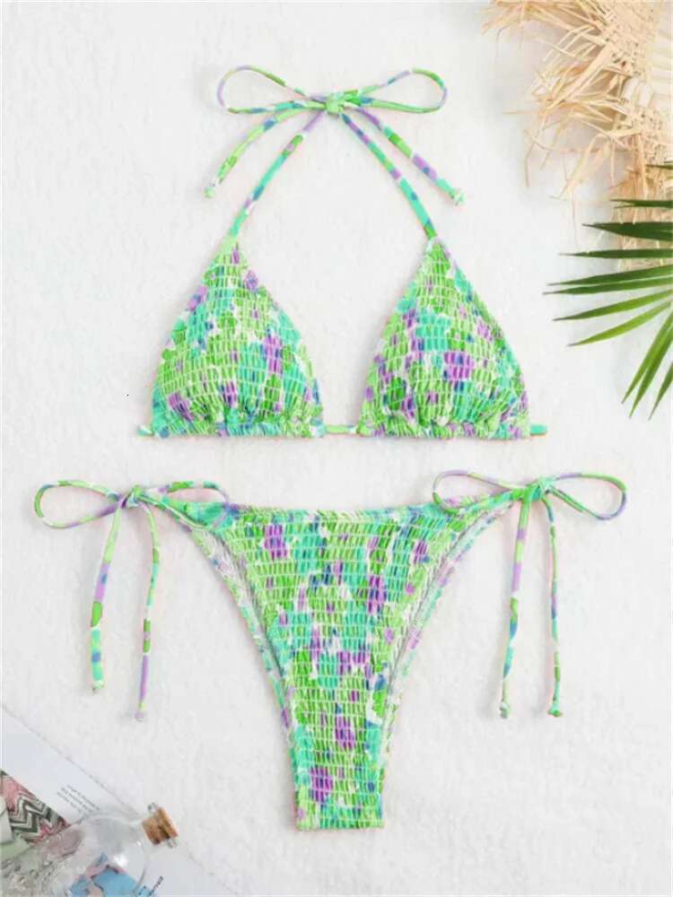 Dongdumaoyi Sexy Micro Bikini Women Pink Floral Print Pleate Tie Side Triangle Swimsuit Brazilian Halter Push Up Bathing Suit Swimwear