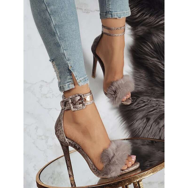 Aneikeh Women High Heels Footwear Fur Ankle Strap Gladiator Sandals Female Wedding Sexy Shoes Stiletto D-88-5#