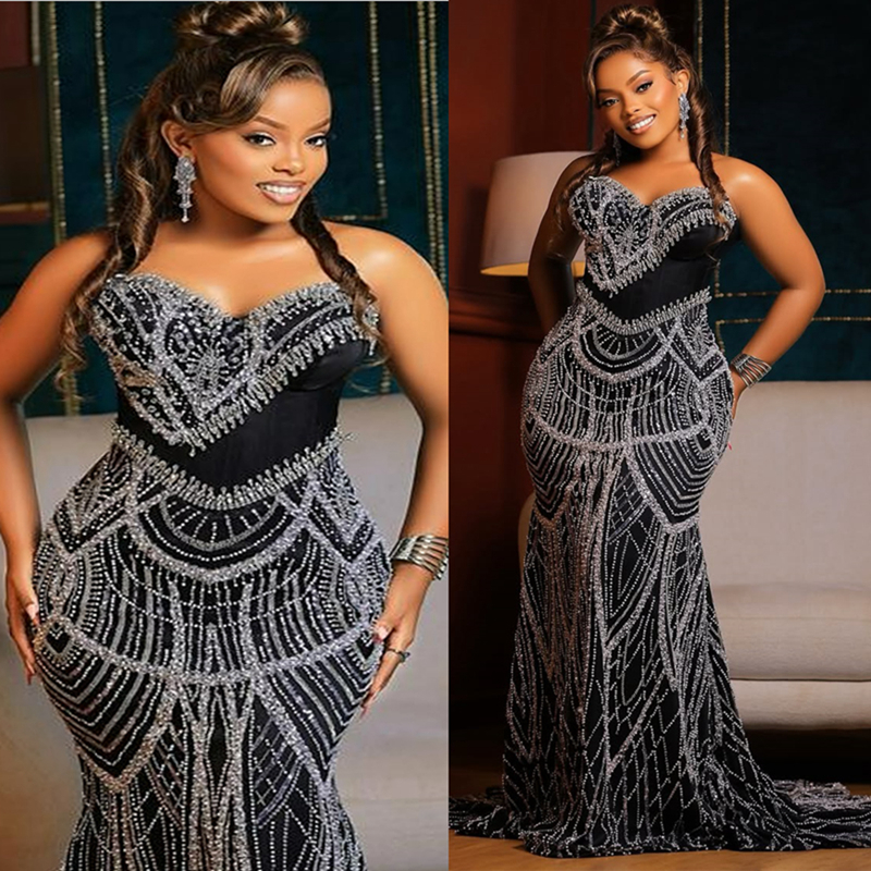 2025 Plus Size Black Prom Dress Mermaid Prom Dresses Evening Formal Gowns Sweetheart Luxurious Beaded Lace For Black Women Birthday Second Reception G