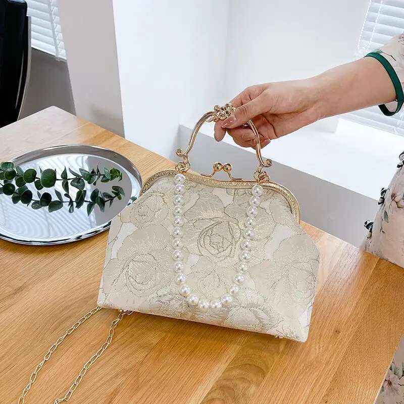 Vintage Classic Lace Beads Wedding Shell Lock Bags Women Shoulder Crossbody Bag Chain Women's Handbags Purses