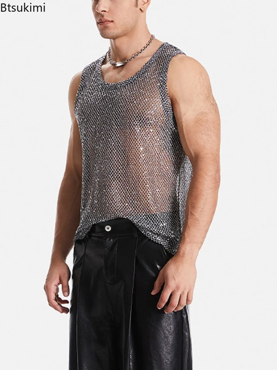 Sexy Mens Hollow Out Mesh Tank Tops Fashion Sequin Woven Casual Sleeveless Vest Tops 2025 See Through Streetwear Male Waistcoat 250407