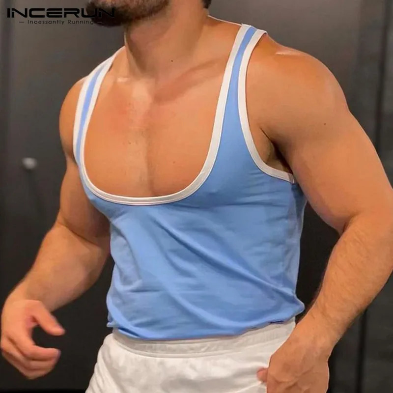 INCERUN Tops US Mens Contrastive Color Splicing Work Large Tank Top Casual and Comfortable Mens U-neck Tank Top S-5XL 250403