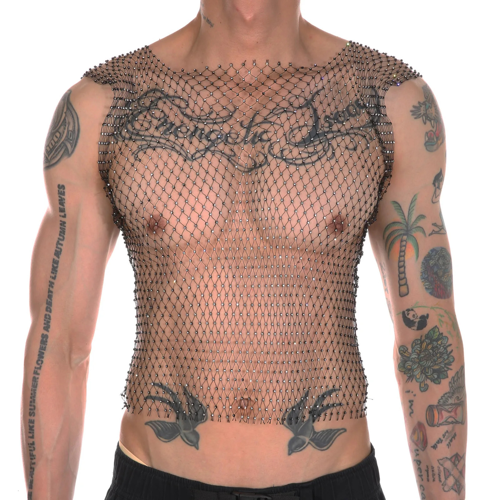 CLEVER-MENMODE Mens Fishnet Sexy Tank Top with Water Diamond Shining Transparent Hollow Tank Top Mesh Sleeveless T-shirt Transparent Clothing 250403