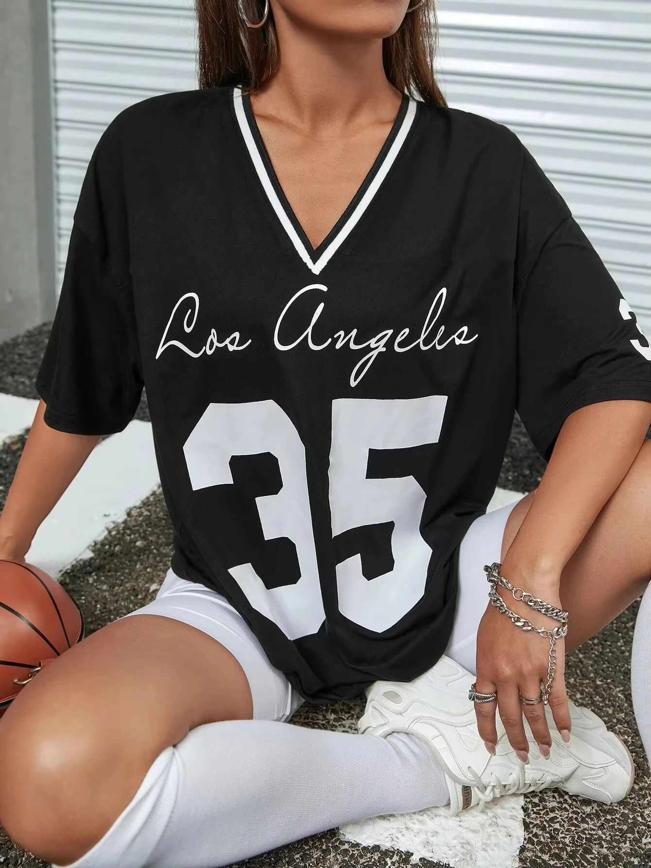 Summer womens # 35 letter printed Vneck short sleeved Tshirt graphic baseball shirt casual loose sports 250407