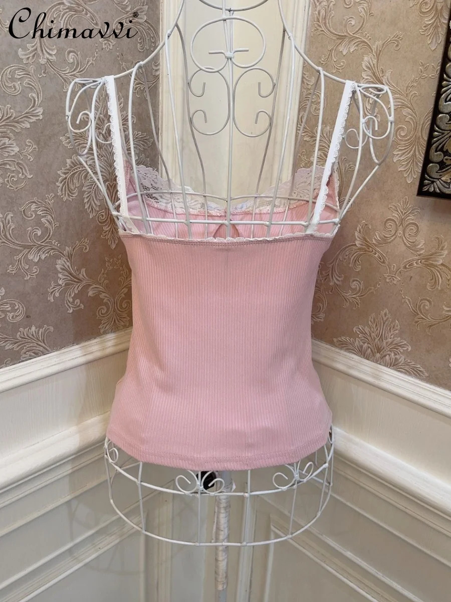 Cute retro bow heartshaped lace slim fit vest top summer dress womens girl Lolita pink sexy suspender 250407