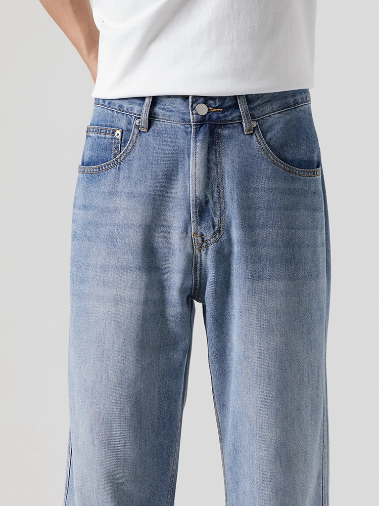 Korean fashion mens casual bag jeans comfortable straight denim wide pants solid color Trouser streetwear 250401