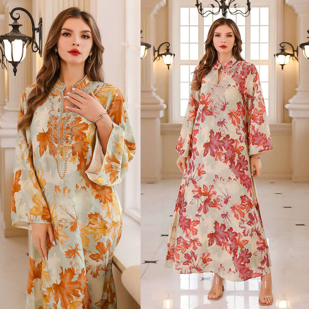 In Stock Middle East Cross-Border Muslim Abaya Summer Long Printed Maxi Dress Dubai Robe Export