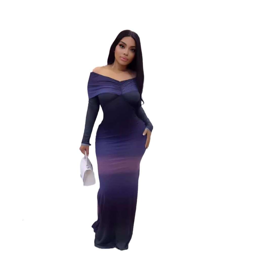 2025 Autumn New Long Sleeve Ruched Off-Shoulder Gradient Slim Dress for Women