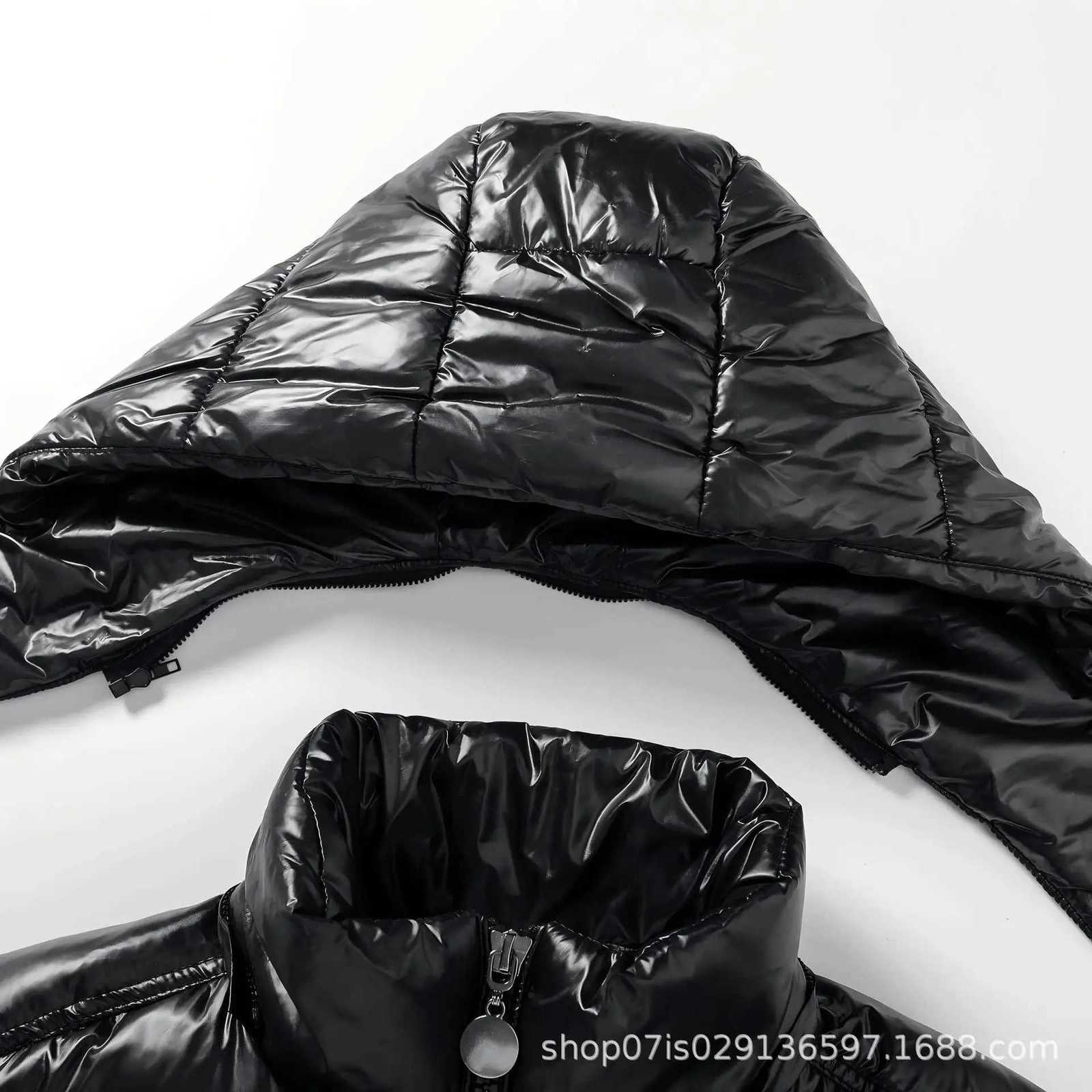 Black Shiny Padded Jacket Unisex Couple Plus Size Hooded Fleece Thickened Coat Winter StreetwearT251107