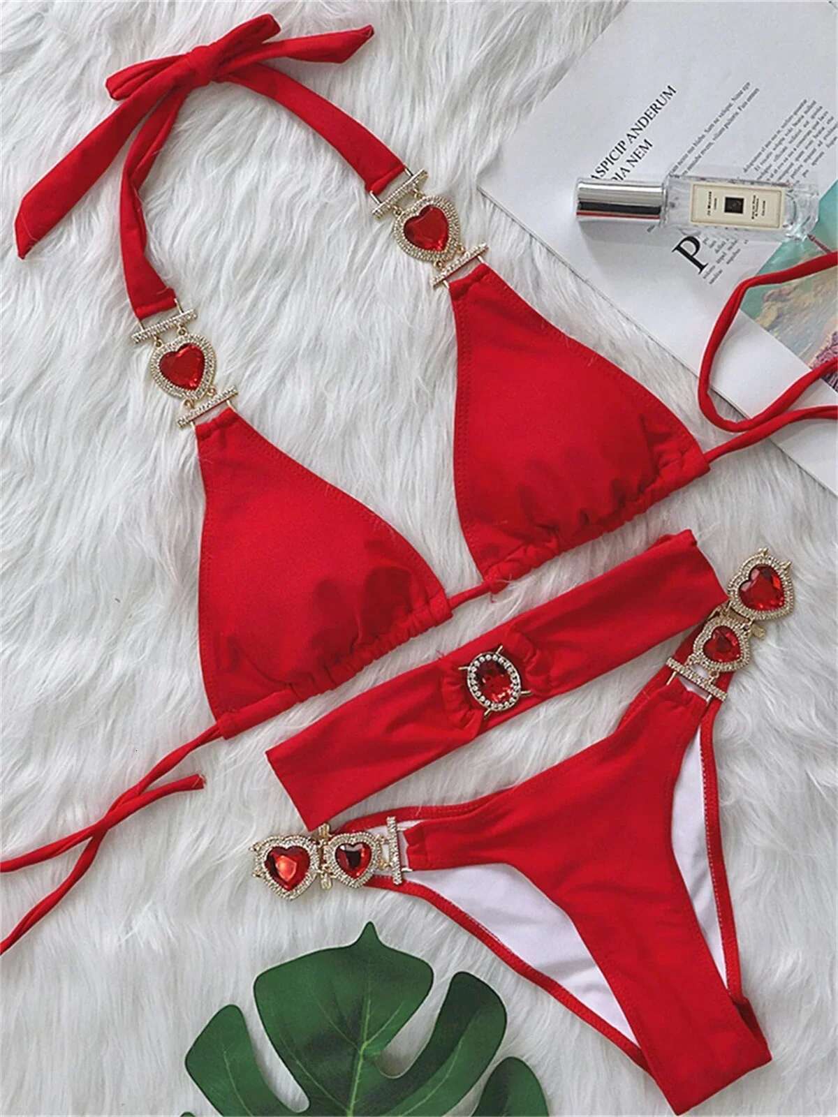 Dongdumaoyi Sexy Rhinestones Bikini Set Women Red Pink Glitter Diamond Metal Chain Thong Swimwear Bathing Suit Band Piece Swimsuit