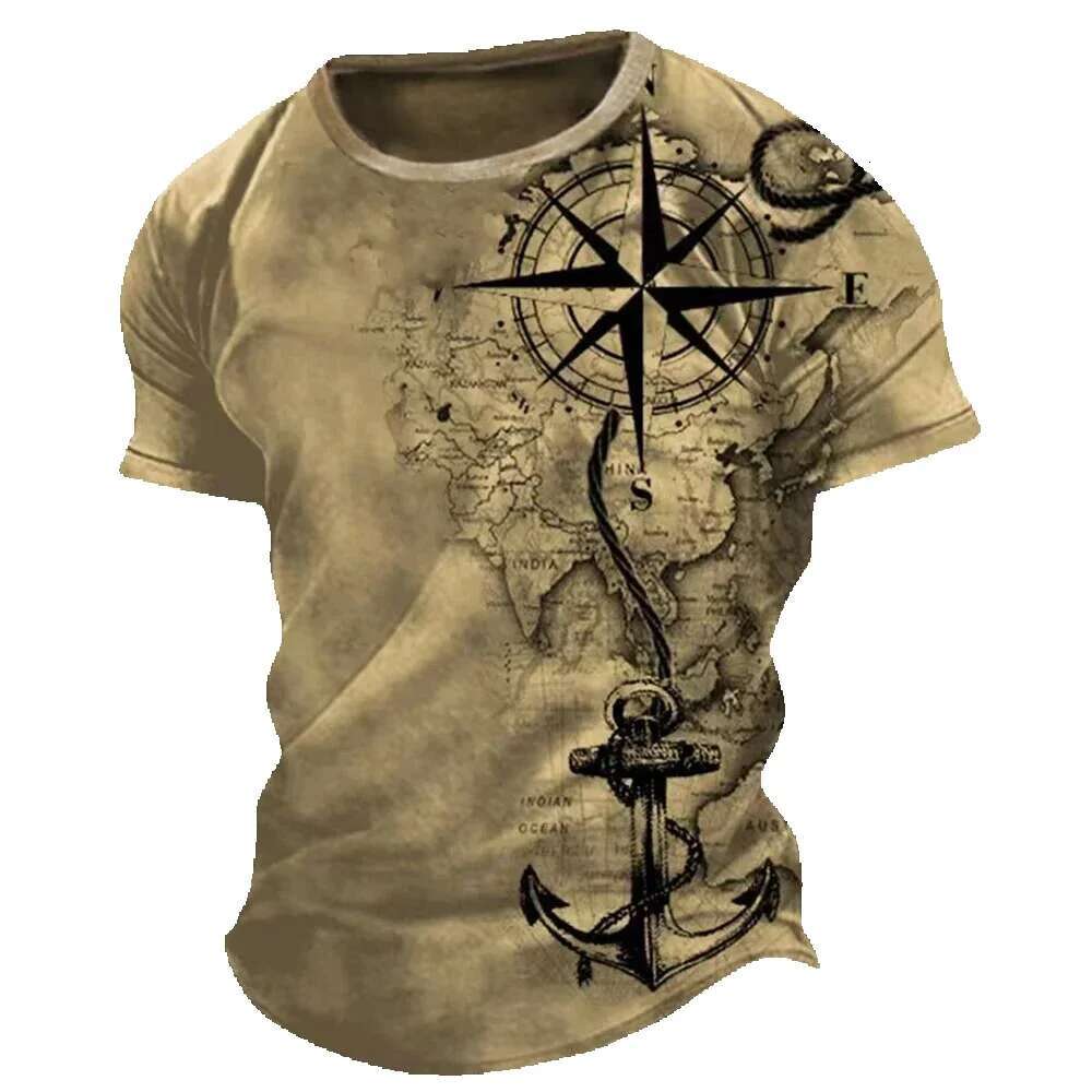 Retro American summer shirt, printed compass top, short sleeved T-shirt, loose fit, men's daily wear, casual streetwear