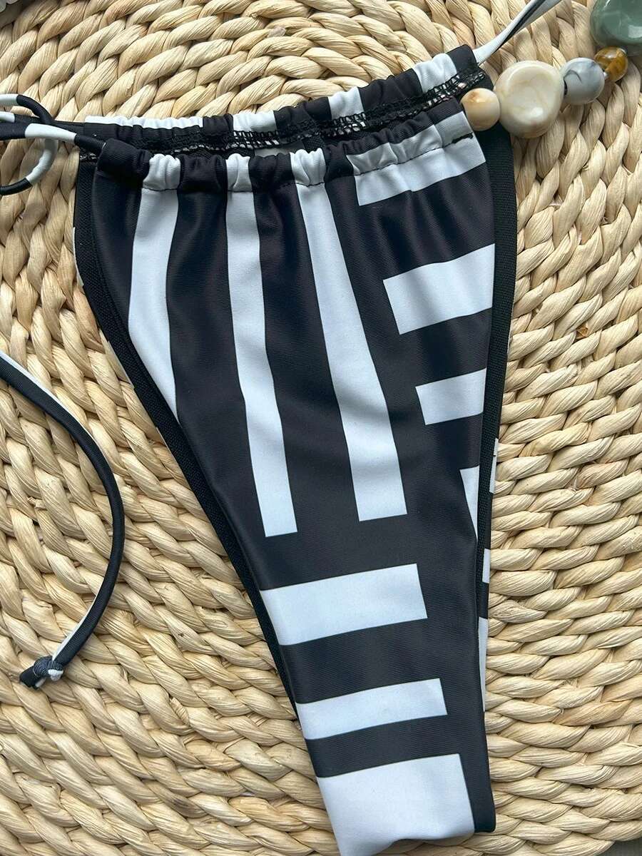 Dongdumaoyi Sexy Black White Striped Micro Bikini Women Bead String Strap Push Up Pleate Thong Swimsuit Bathing Suit Holiday Swimwear