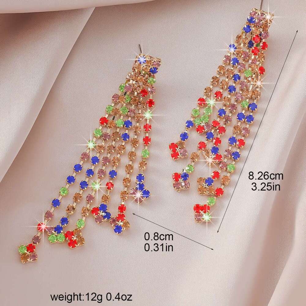 Advanced, fashionable, simple, colorful rhie tassel earrings, banquet street hot photography, internet celebrity, exaggerated earrings