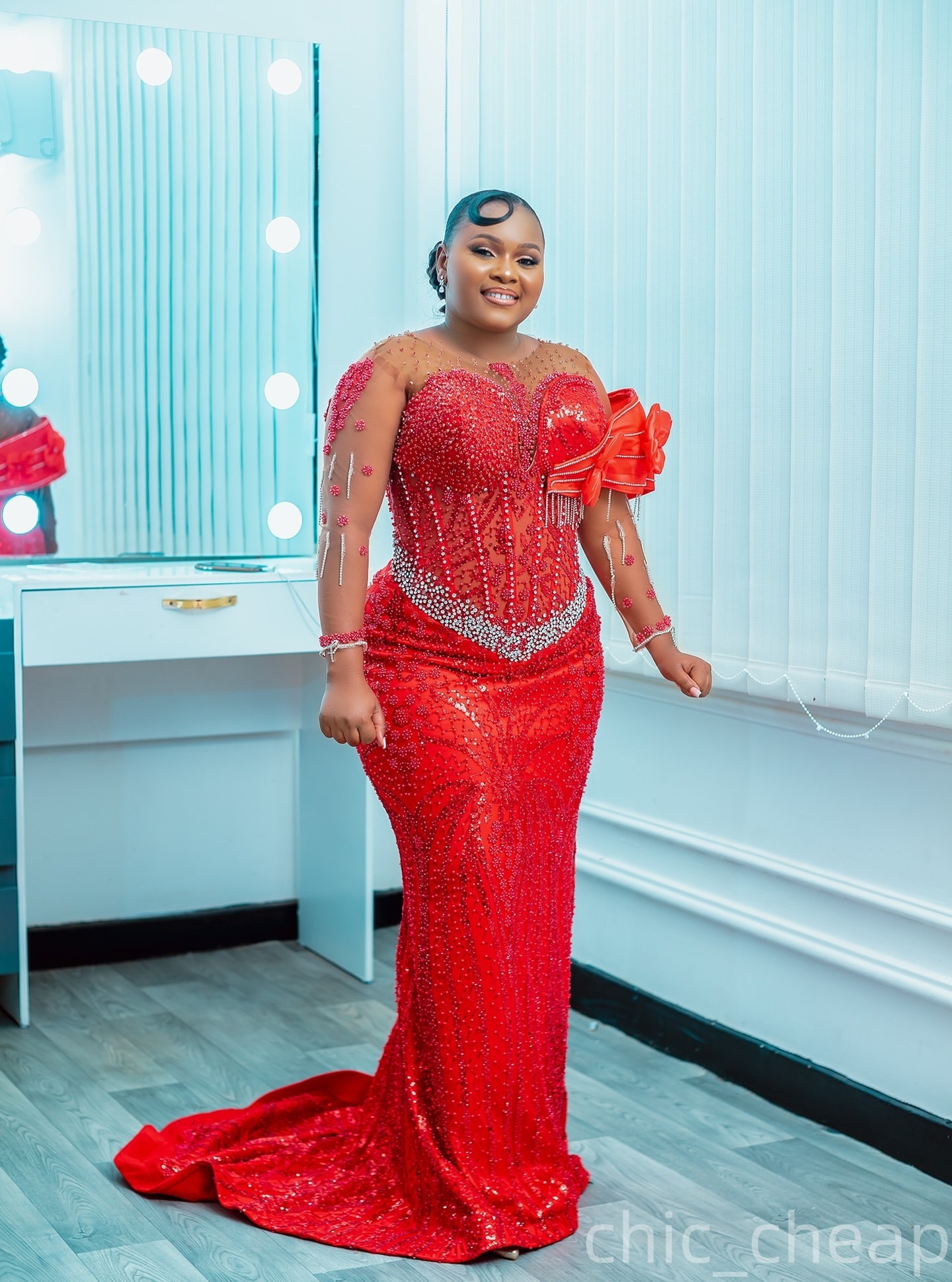 Aso Ebi Red Mermaid Prom Dresses 2026 Flowers Crystals Full Sleeves Evening Formal Party Second Birthday Engagement Gowns Plus Size Dress For Special 