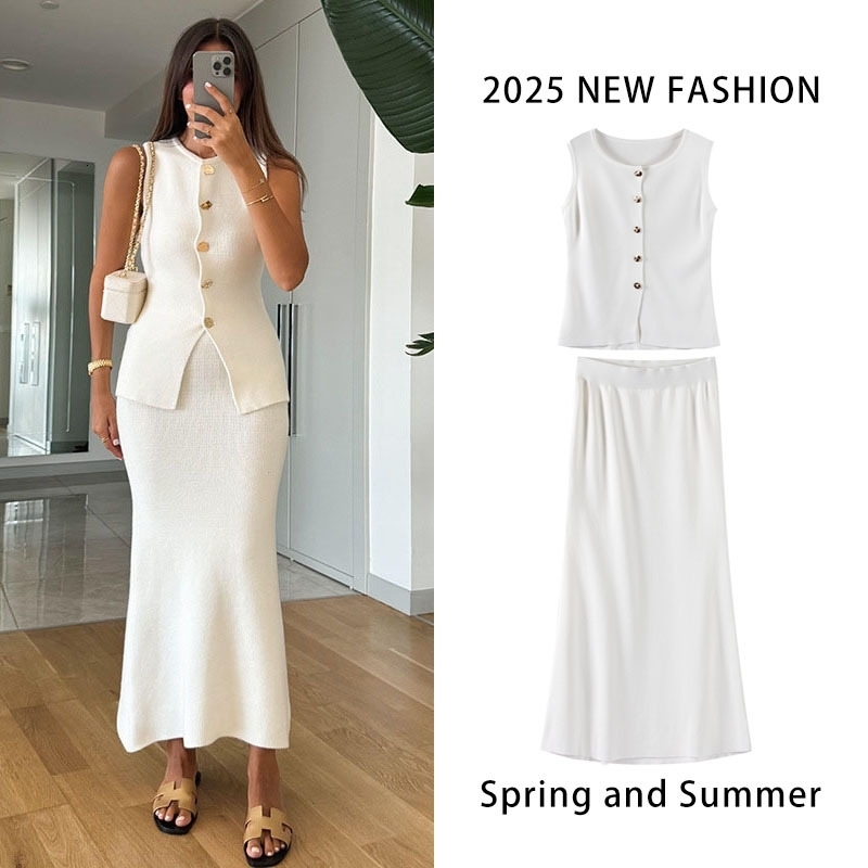 Women Knit Vest Skirts Sets Oneck Single Breasted Top Hip Package Skirt Solid Elegant Set Spring Fashion Slim Suit 250312