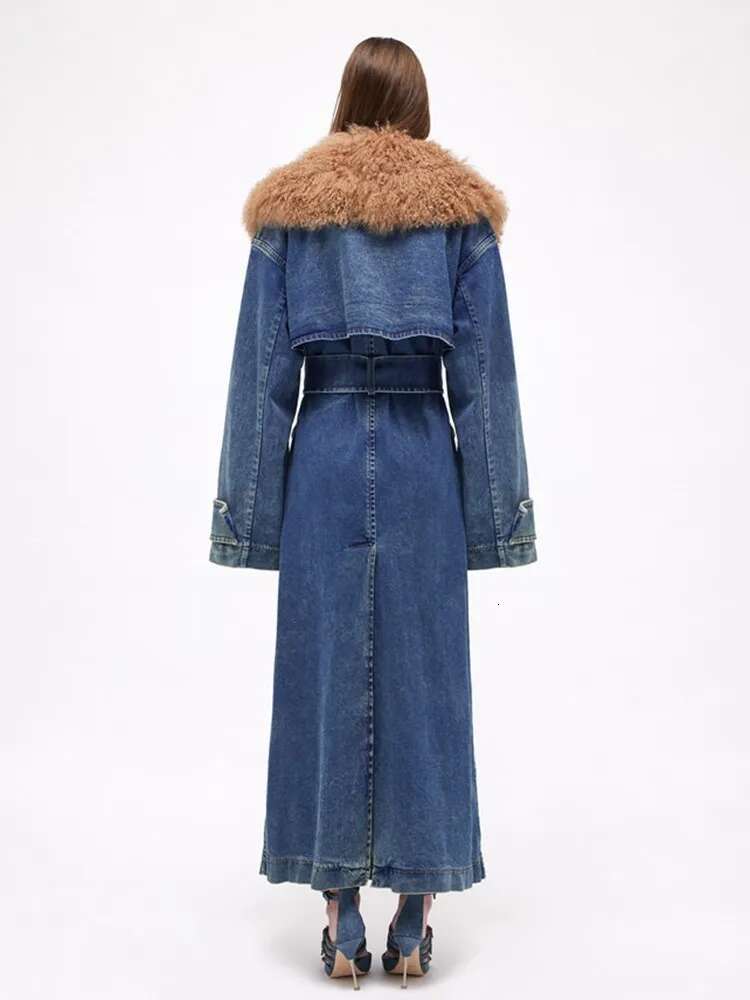 TWOTWINSTYLE Colorblock Patchwork Lace Up Denim Coat For Women Fur Collar Long Sleeve Loose Casual Trench Female Fashion Style