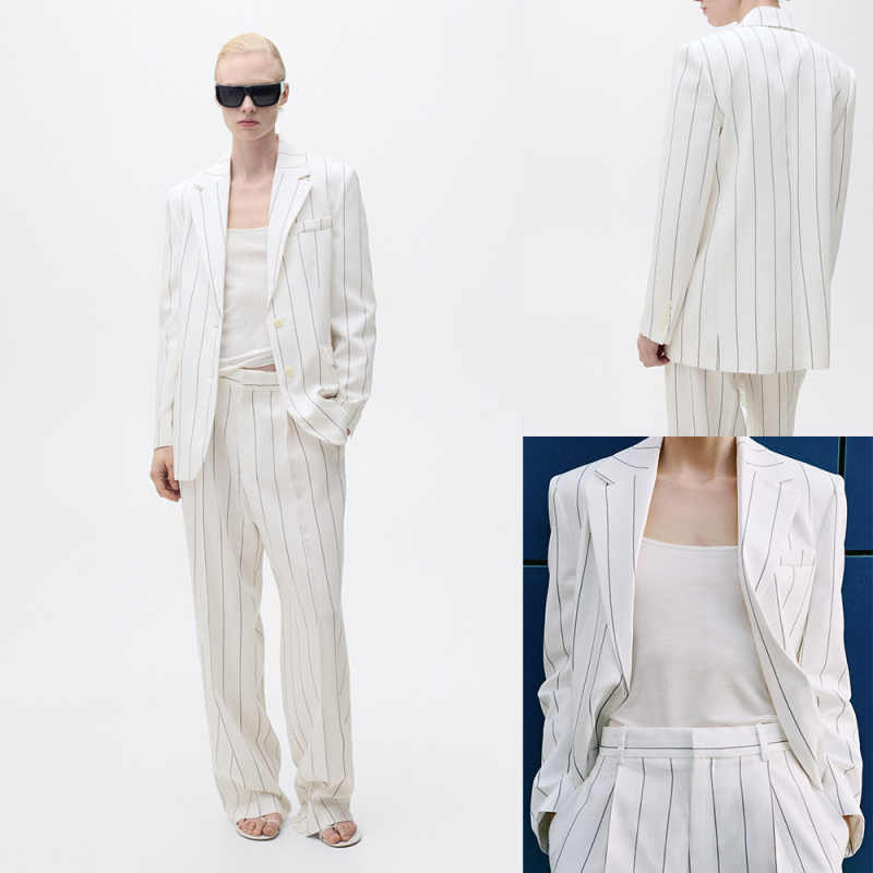 Simple Style Mother Suits Notched Lapel Pinstripe Women Business Blazer Single Breasted Jacket Pants Business Wear Ladies Suit Customized High Quality