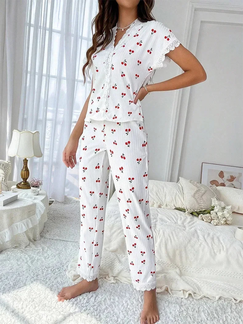 Lace Trim Women Pajama Set Short Sleeve Front Button Top FullLength Pants Cherry Print 2 Pieces Sleepwear Nightwear Homewear 250313