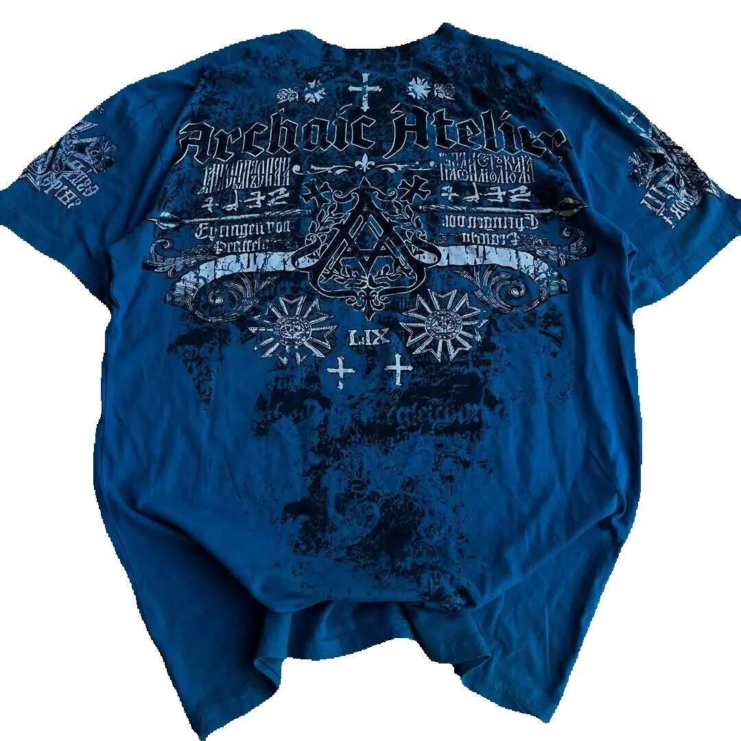 Men's short sleeved T-shirt, cotton, vintage streetwear, blue printed letters, hip-hop, gothic, punk, Y2K