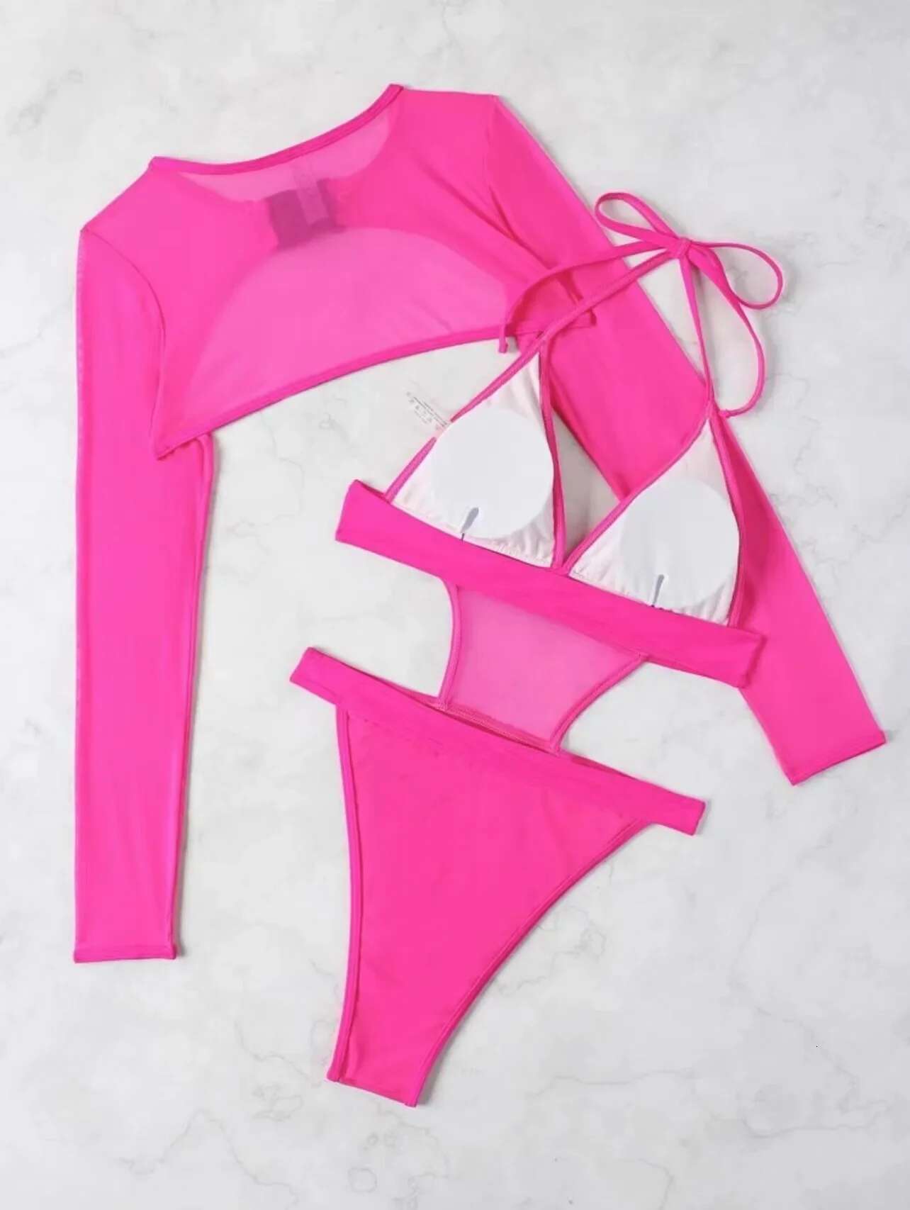 Dongdumaoyi Sexy Neon Hot Pink Swimwear Women Solid Mesh Long Sleeve Cover Up Two Piece Swimsuit Hollow Out Beach Backless Biquini