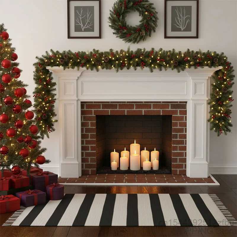 Christmas 27M Christmas Garland Glow Wreath with Pinecones Red Berries Artificial Christmas Garland Winter Holiday Christmas Decoration Y251106