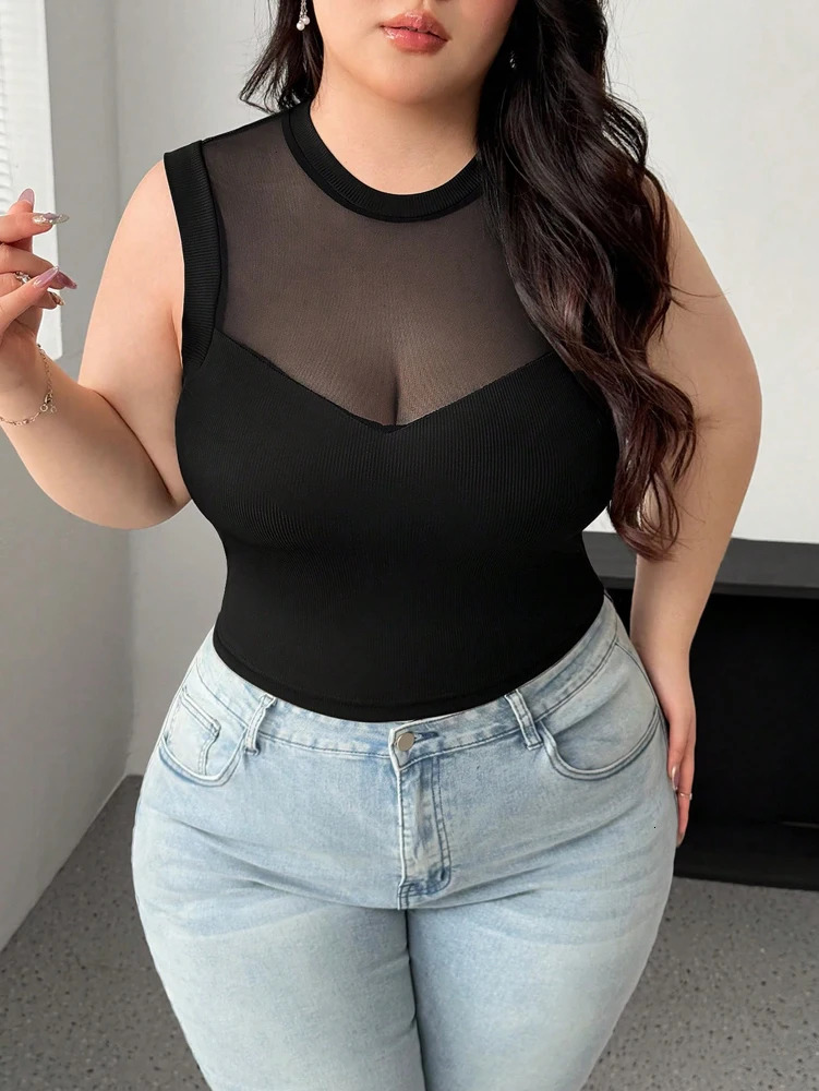 Plus Size Womens Summer Sleeveless Round Neck Mesh See Through Sexy Splicing Black Shirt Polyester 250407